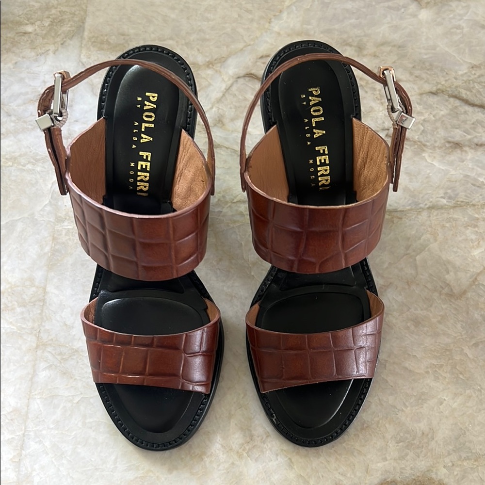 Elegant Brown Crocodile Textured Heeled Sandals